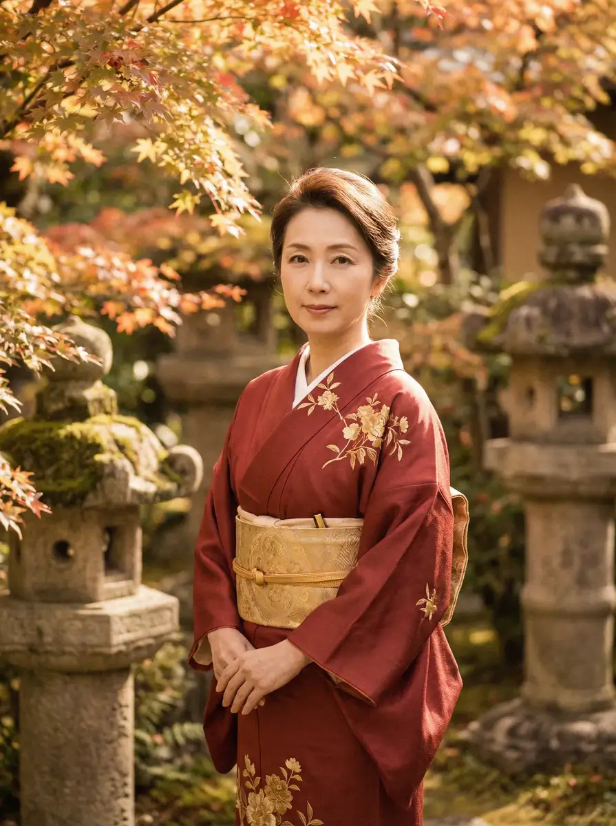 一位身穿暗红色和服的优雅 人妻 在日式庭院中